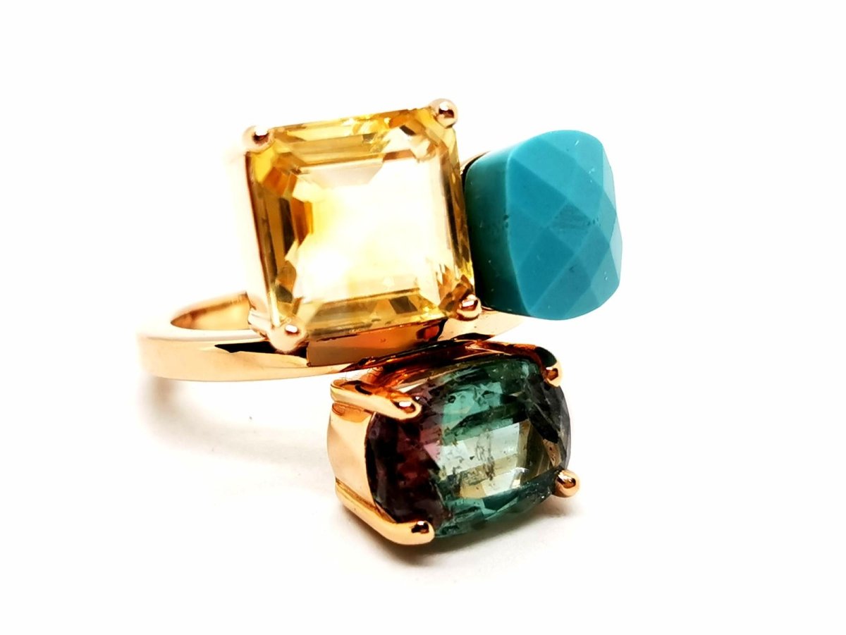 Bague en or rose, quartz lemon, turquoise et tourmaline - Castafiore