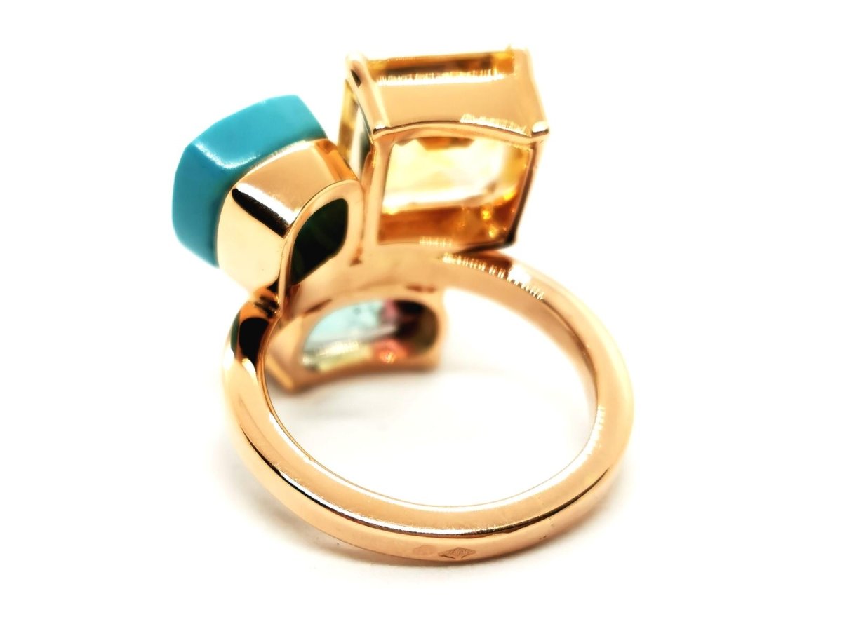 Bague en or rose, quartz lemon, turquoise et tourmaline - Castafiore