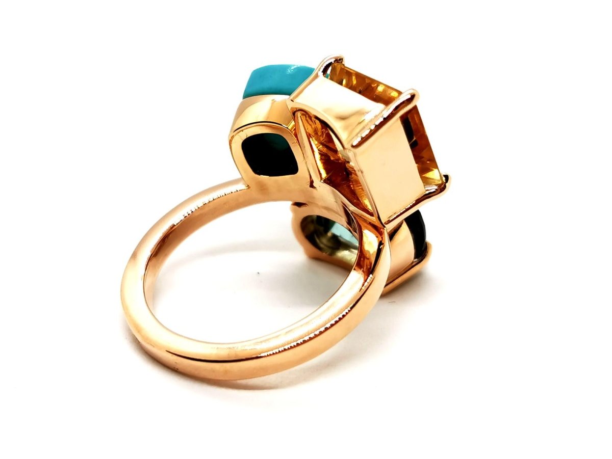 Bague en or rose, quartz lemon, turquoise et tourmaline - Castafiore