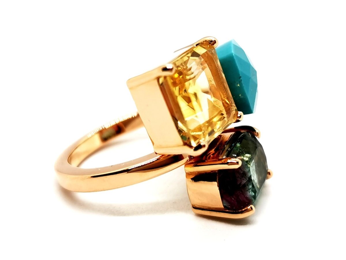 Bague en or rose, quartz lemon, turquoise et tourmaline - Castafiore