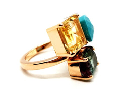 Bague en or rose, quartz lemon, turquoise et tourmaline - Castafiore