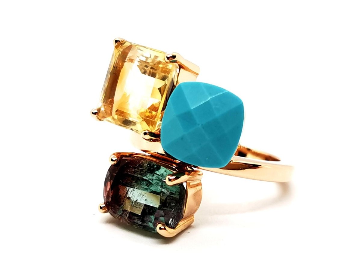 Bague en or rose, quartz lemon, turquoise et tourmaline - Castafiore