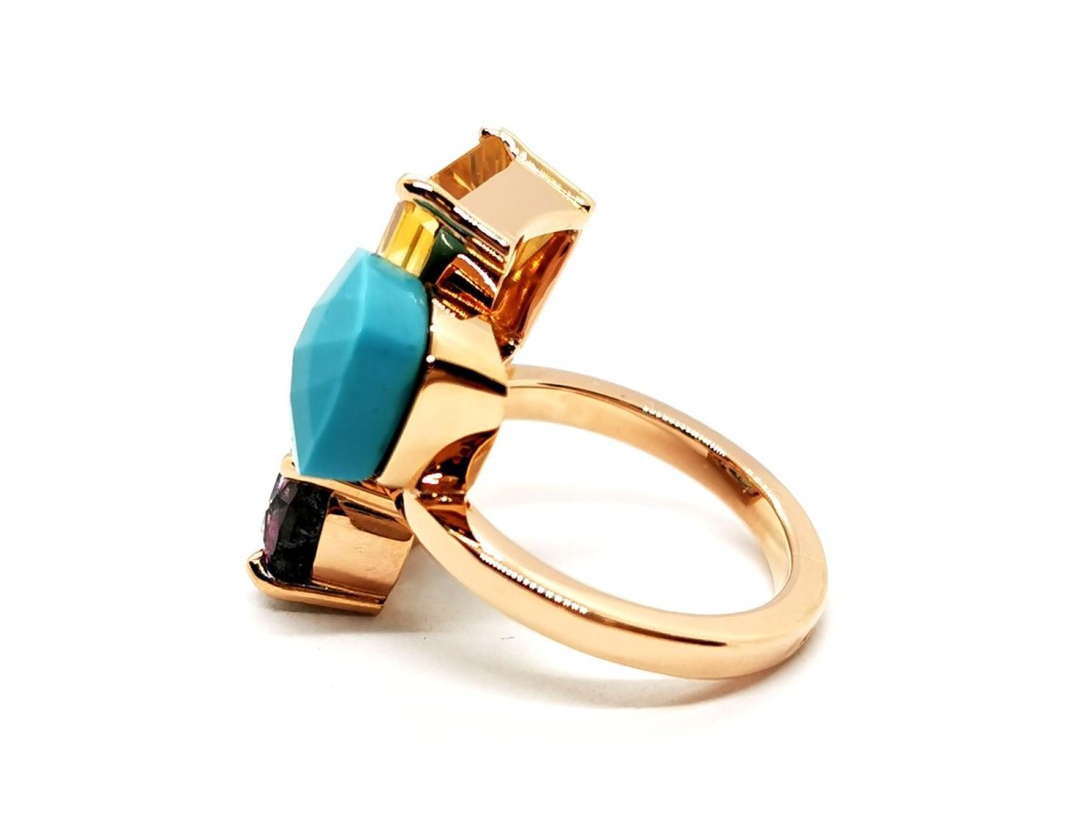 Bague en or rose, quartz lemon, turquoise et tourmaline - Castafiore