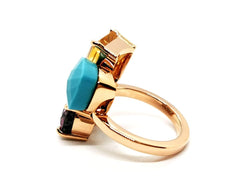 Bague en or rose, quartz lemon, turquoise et tourmaline - Castafiore