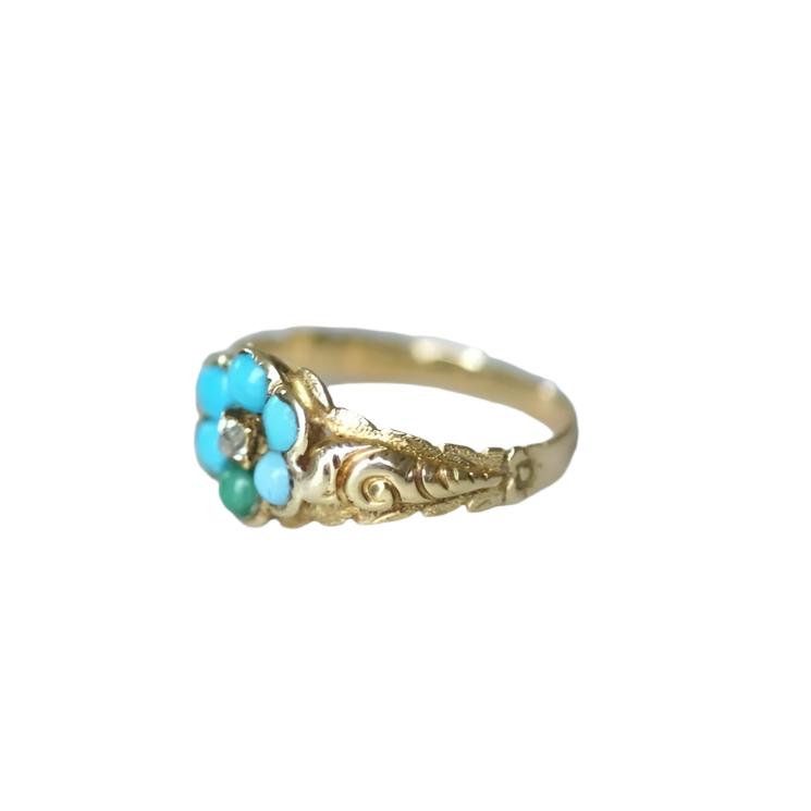 Bague fleur ancienne turquoises et diamant - Castafiore