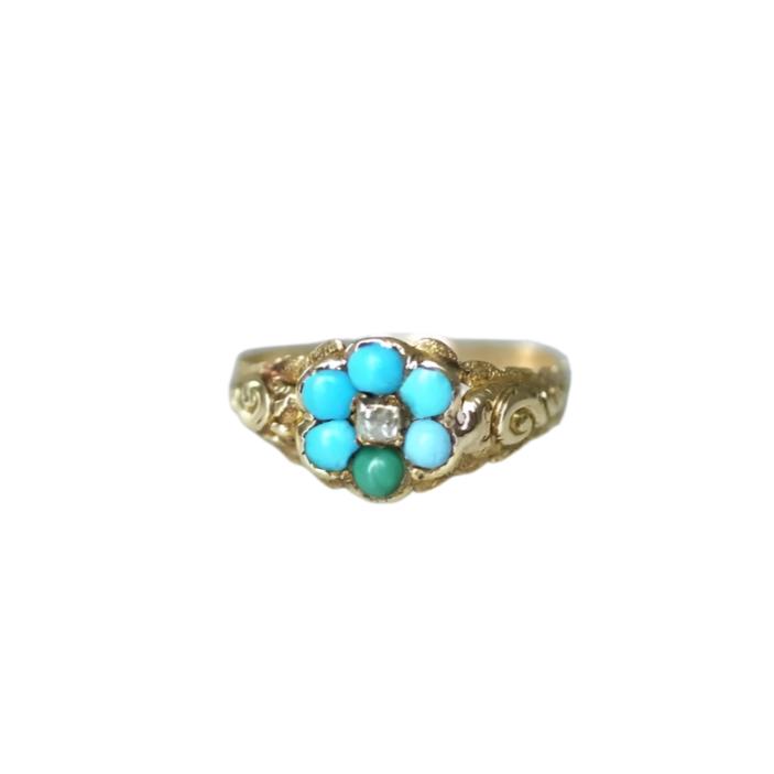 Bague fleur ancienne turquoises et diamant - Castafiore