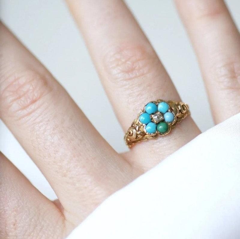 Bague fleur ancienne turquoises et diamant - Castafiore