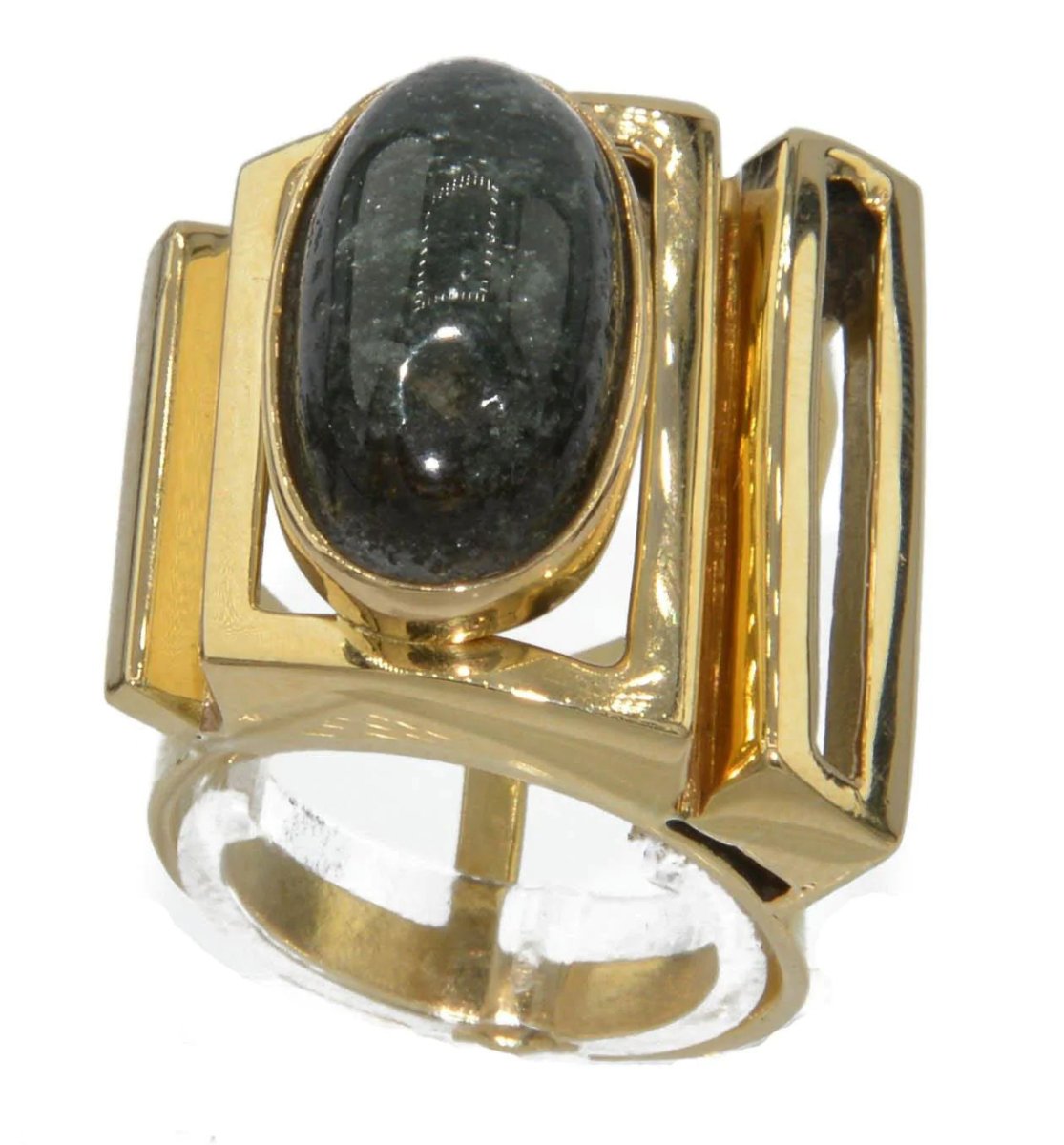 Bague géométrique or jaune ornée d'une agate mousse - Castafiore