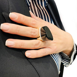 Bague HERMES, "Centaure", or rose, jade noir, diamants - Castafiore