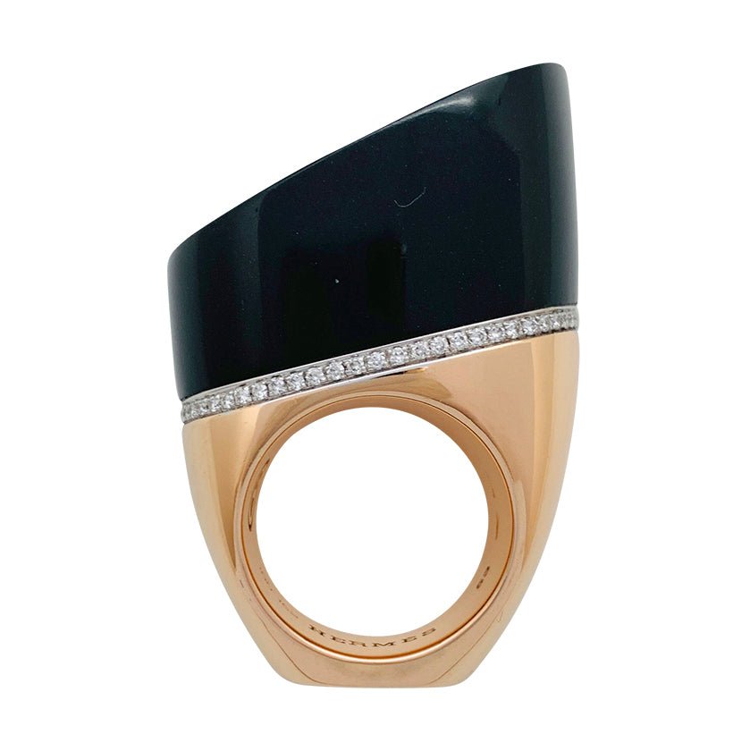 Bague HERMES, "Centaure", or rose, jade noir, diamants - Castafiore