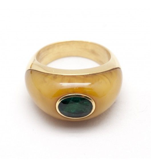 Bague Jonc en or jaune, émeraude et ambre - Castafiore