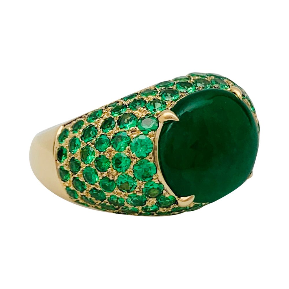 Bague jonc en or jaune, tsavorites et jadéite - Castafiore