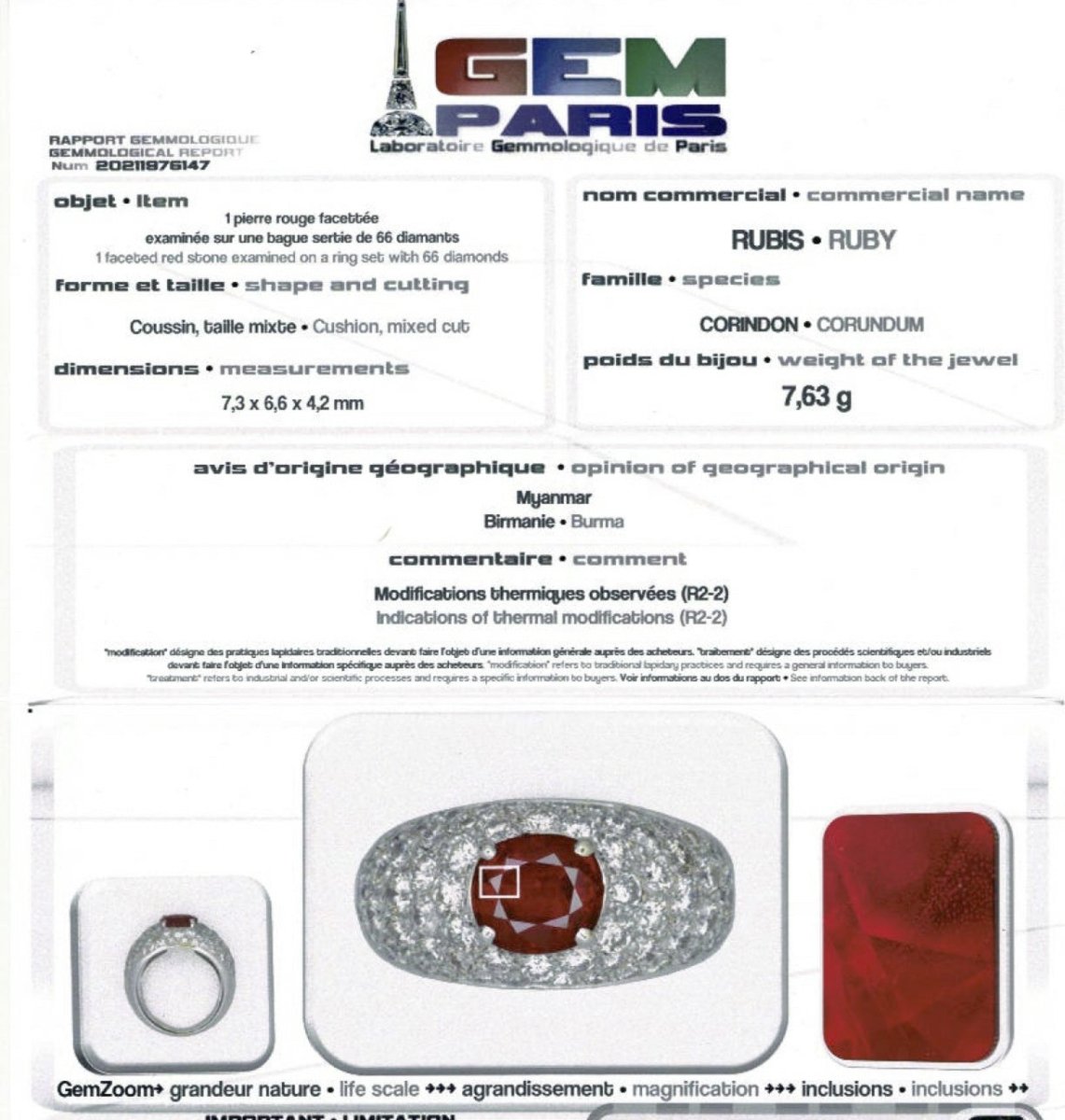 Bague jonc pavage diamant, rubis 1,78 carats - Castafiore