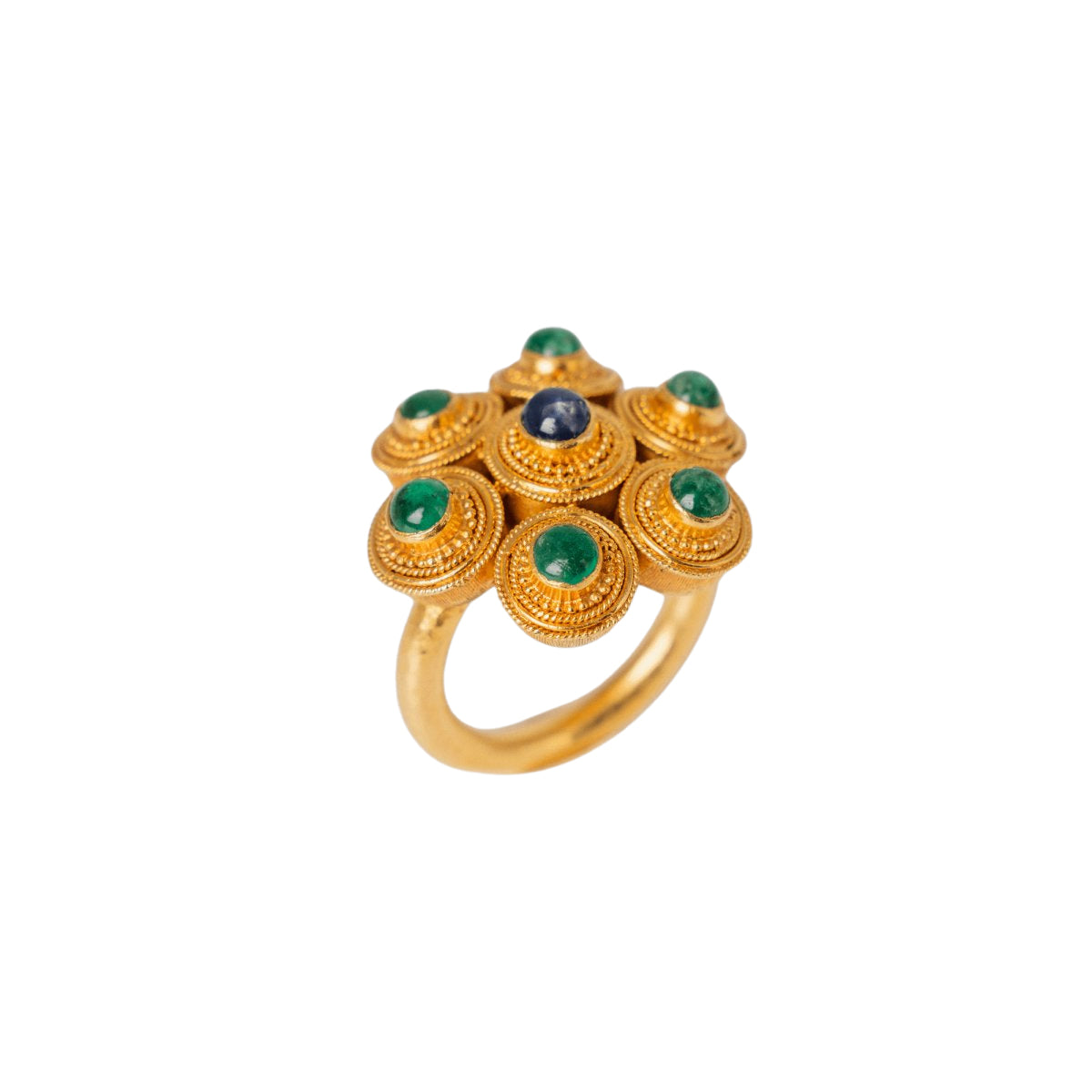 Bague Lalaounis en or jaune et cabochons d'émeraudes et d'un saphir - Castafiore