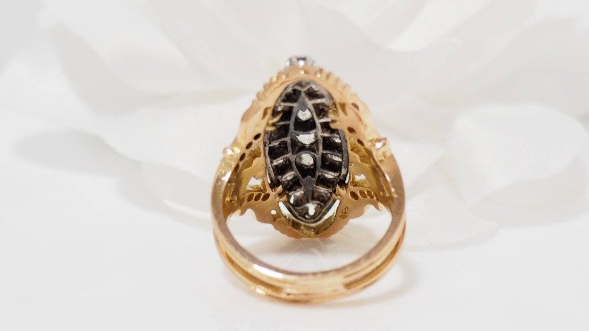 Bague Marquise en or jaune, argent et diamants - Castafiore