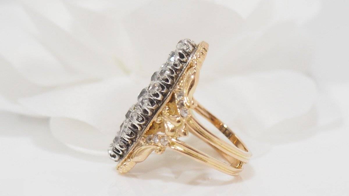 Bague Marquise en or jaune, argent et diamants - Castafiore