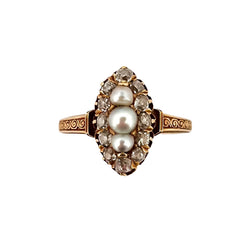 Bague marquise en or jaune, perles et diamants - Castafiore