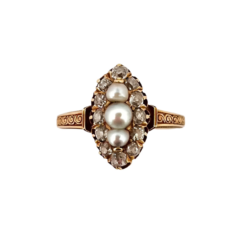 Bague marquise en or jaune, perles et diamants - Castafiore