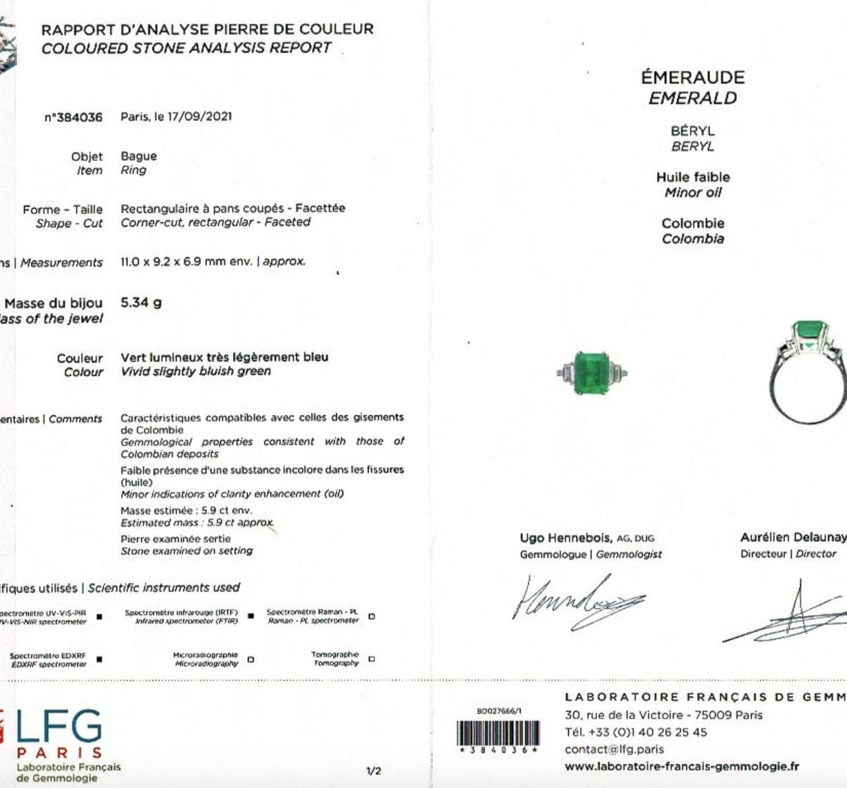 Bague or blanc, émeraude 5.90 cts, diamants - Castafiore