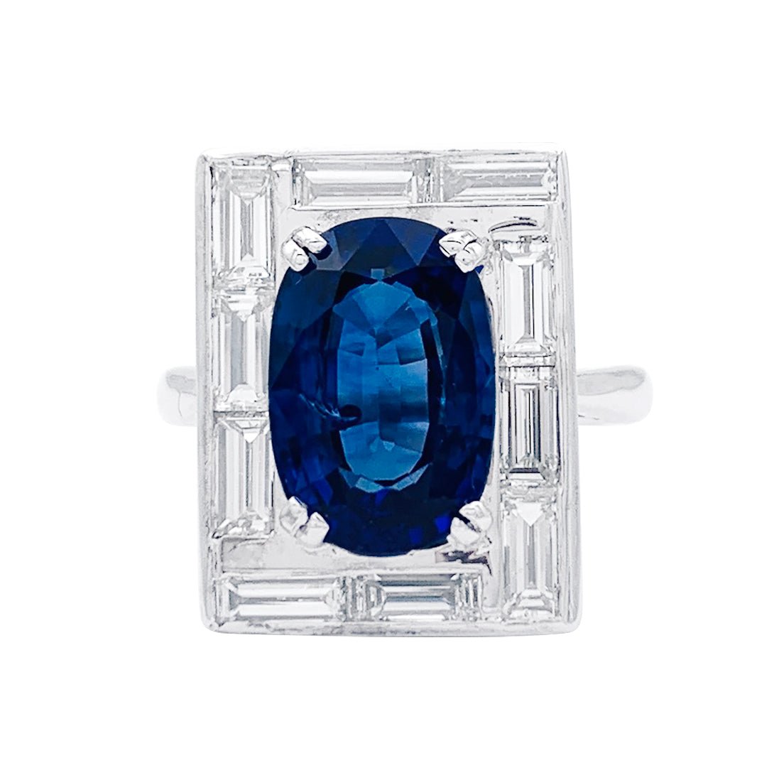 Bague or blanc, saphir 3,84 cts et diamants baguettes - Castafiore