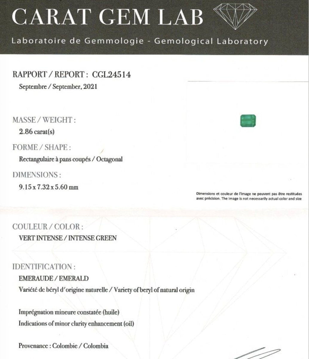 Bague or jaune, émeraude 2.86 carats, diamants baguettes - Castafiore