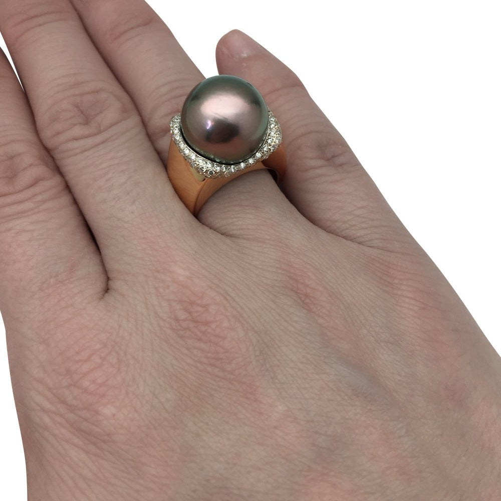 Bague perle de Tahiti, or jaune, diamants - Castafiore