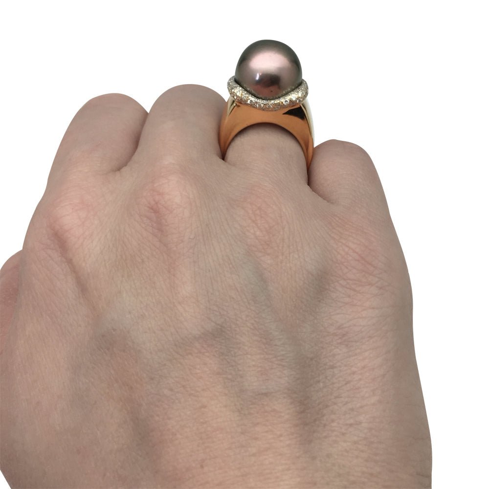 Bague perle de Tahiti, or jaune, diamants - Castafiore