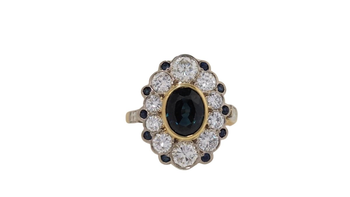 Bague pompadour en or bicolore, saphir et diamants - Castafiore