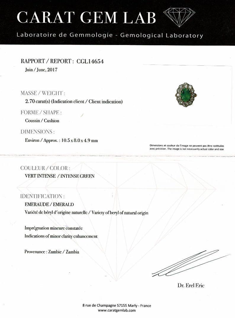 Bague pompadour or jaune et platine, émeraude 2.70 carats, diamants - Castafiore