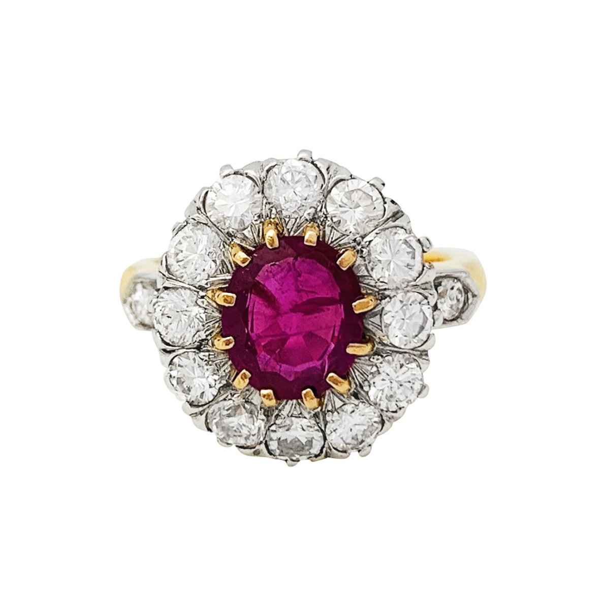 Bague Pompadour or jaune et platine, rubis Birman, diamants - Castafiore