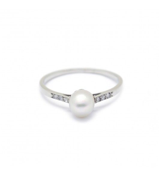 Bague Solitaire en or blanc, perle et diamants - Castafiore