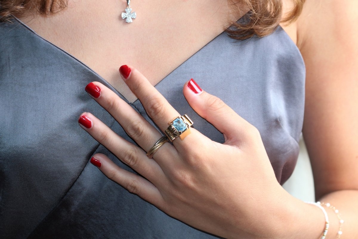 Bague Tank Aigue-marine or jaune