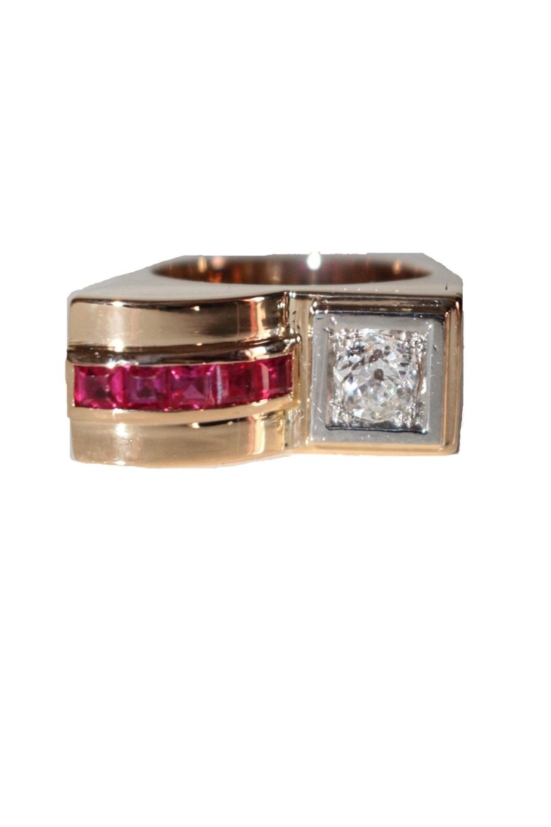 Bague Tank Diamant Et Pierres Rouges - Castafiore