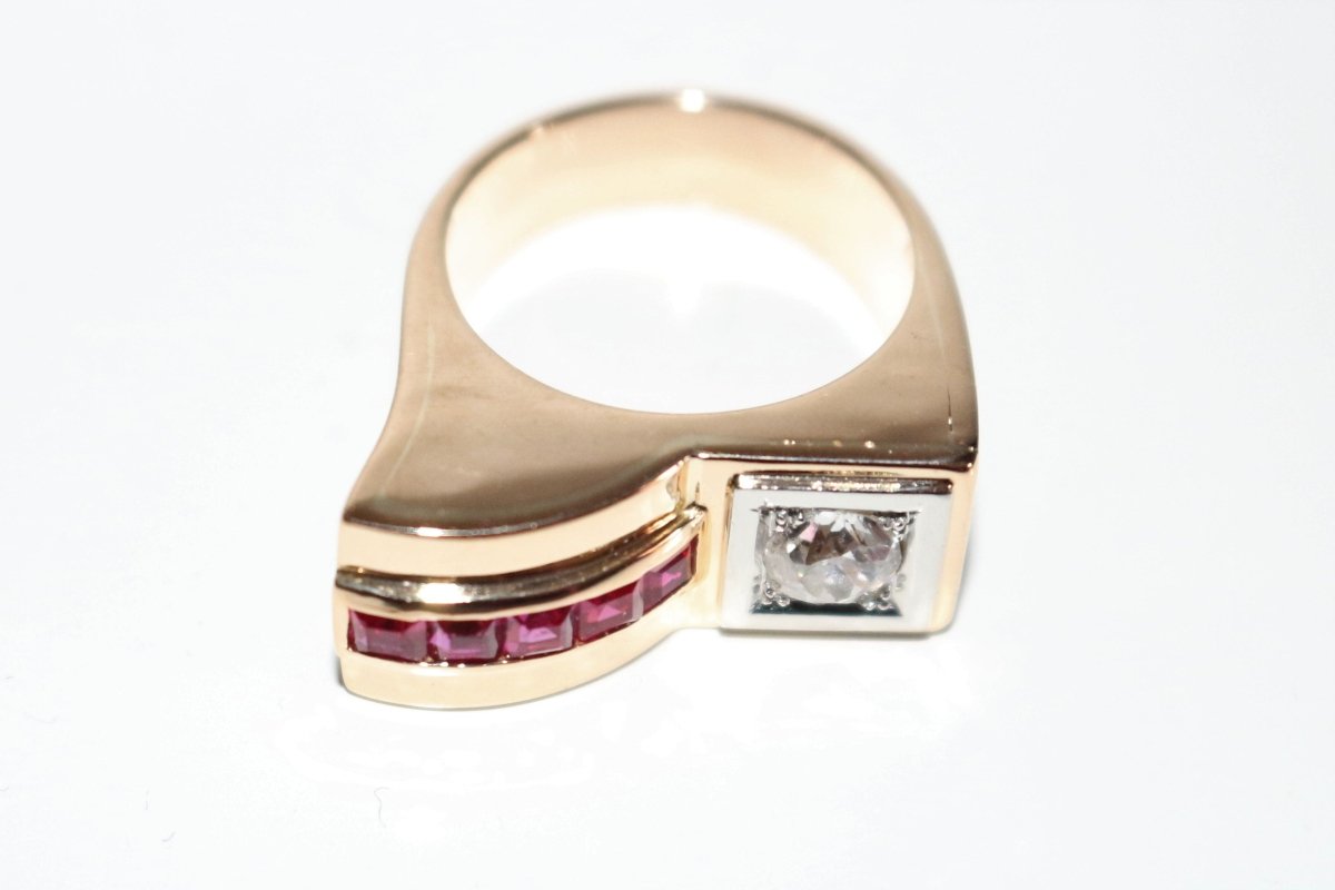 Bague Tank Diamant Et Pierres Rouges - Castafiore