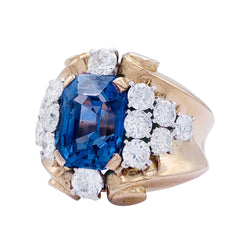 Bague Tank en or jaune et platine, saphir et diamants - Castafiore