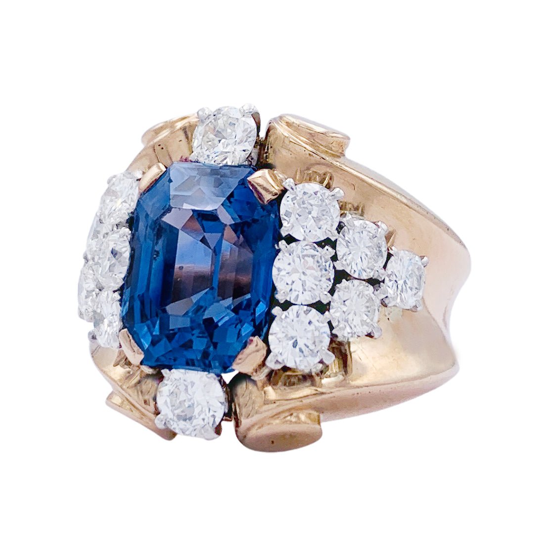 Bague Tank en or jaune et platine, saphir et diamants - Castafiore