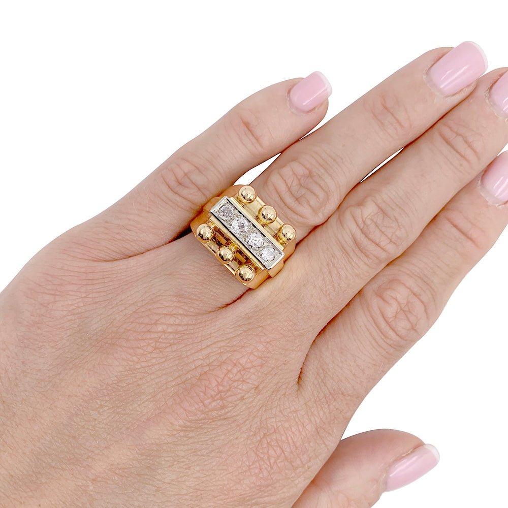 Bague Tank en or jaune, platine, diamants - Castafiore