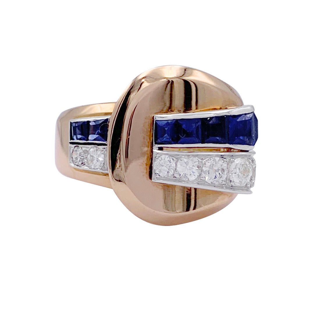 Bague Tank en or jaune, saphirs et diamants - Castafiore