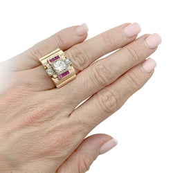 Bague Tank en or rose, platine, diamants et rubis - Castafiore