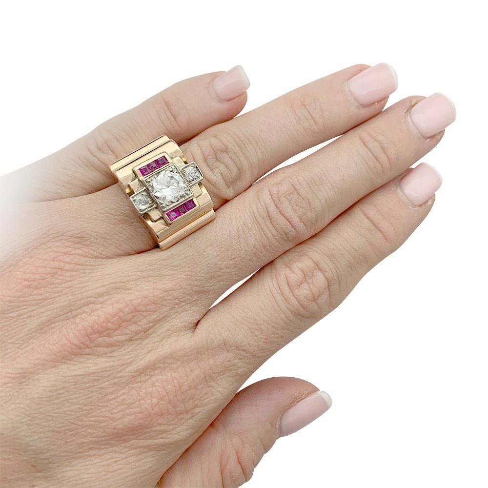 Bague Tank en or rose, platine, diamants et rubis - Castafiore