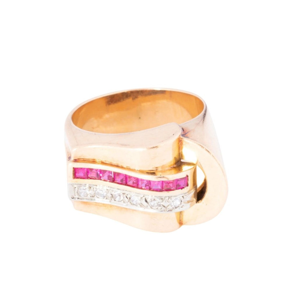 Bague tank en or rose,diamant et rubis de synthèses - Castafiore