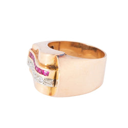 Bague tank en or rose,diamant et rubis de synthèses - Castafiore