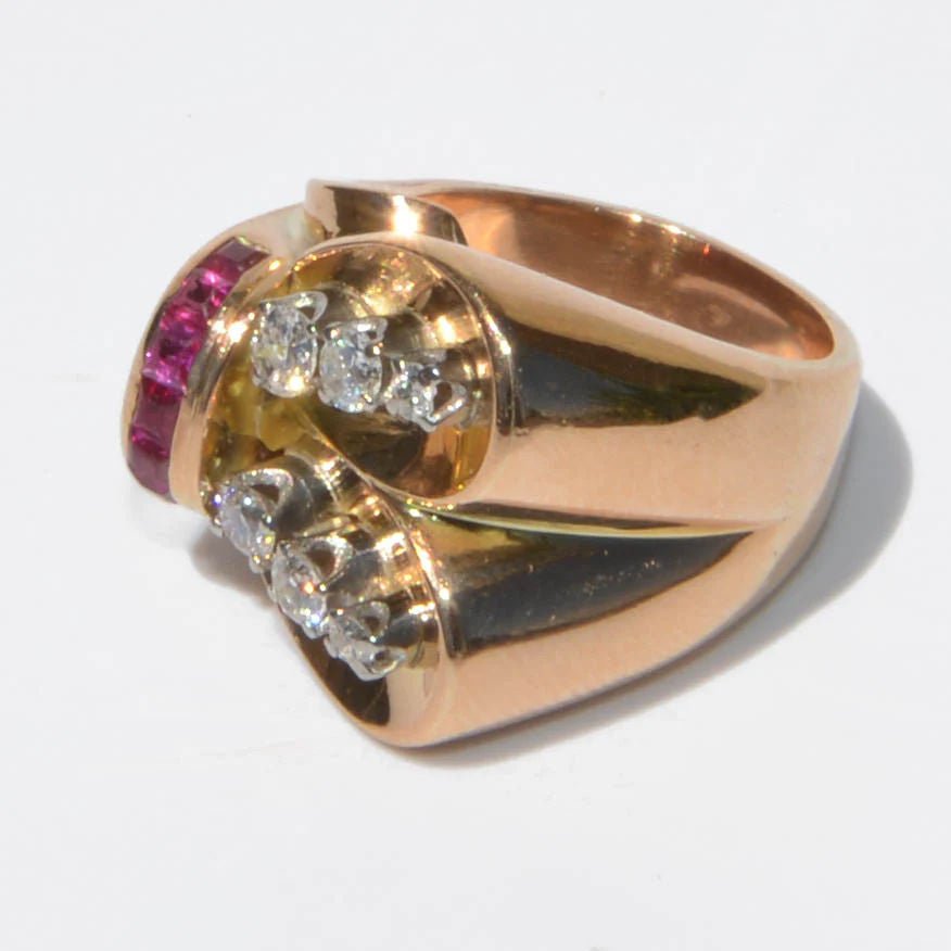 Bague tank or jaune diamant et rubis - Castafiore