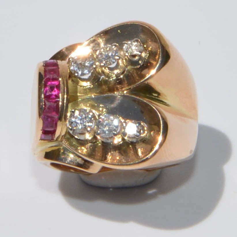 Bague tank or jaune diamant et rubis - Castafiore