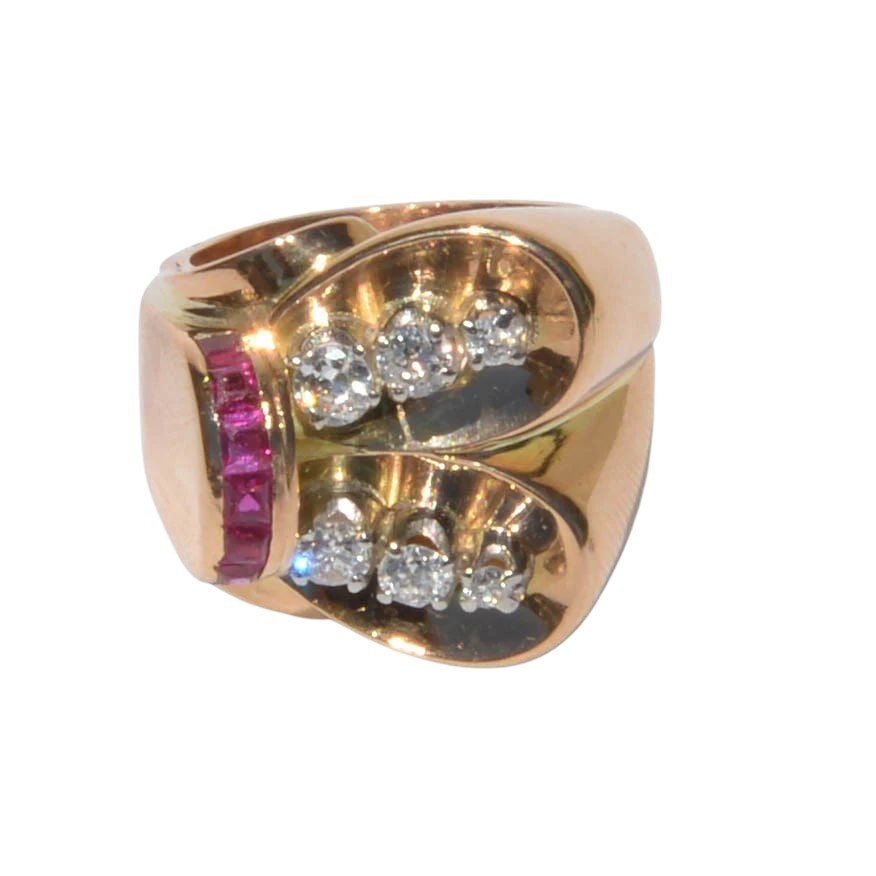 Bague tank or jaune diamant et rubis - Castafiore