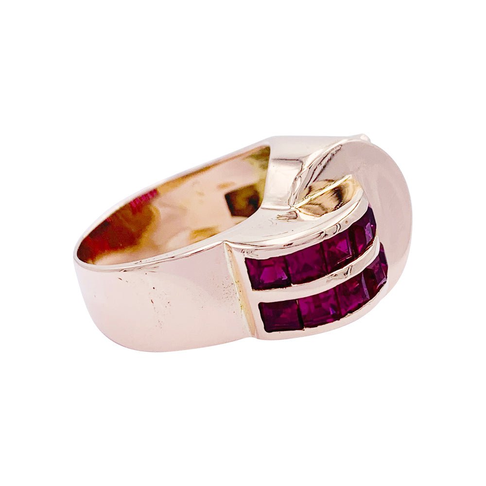 Bague Tank or rose et rubis synthétiques - Castafiore