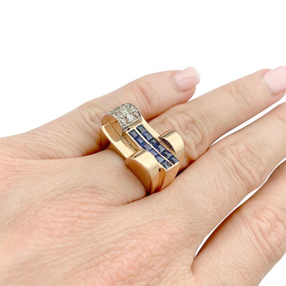 Bague Tank or rose, platine, saphirs, diamants - Castafiore
