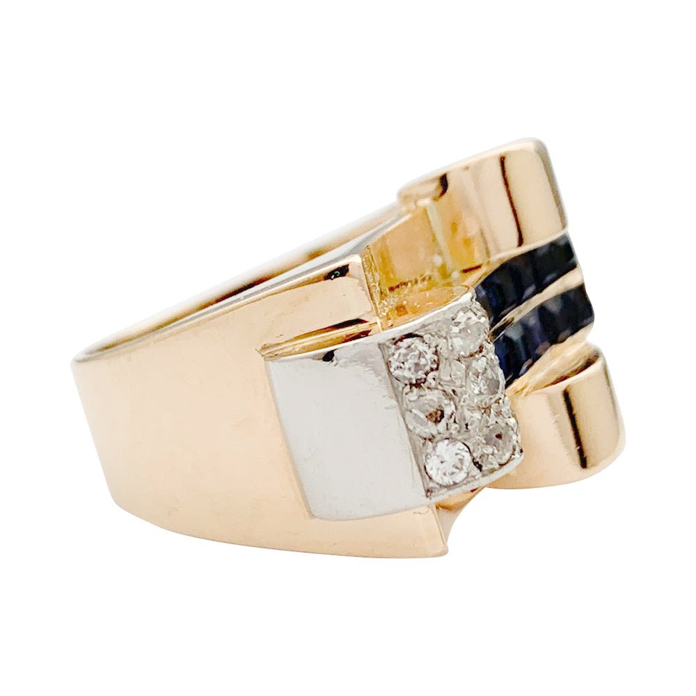 Bague Tank or rose, platine, saphirs, diamants - Castafiore