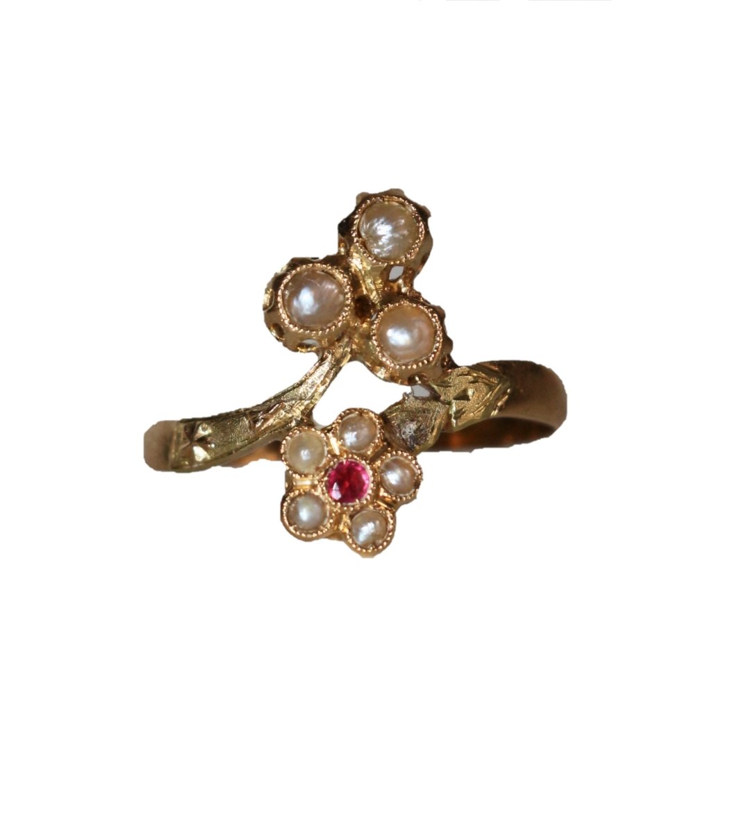 Bague Toi et Moi en or jaune et en perles et pierre rose - Castafiore