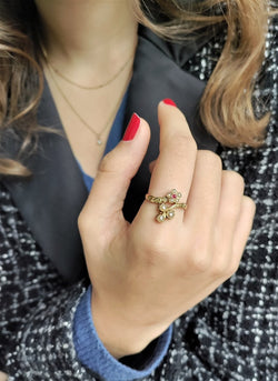 Bague Toi et Moi en or jaune et en perles et pierre rose - Castafiore